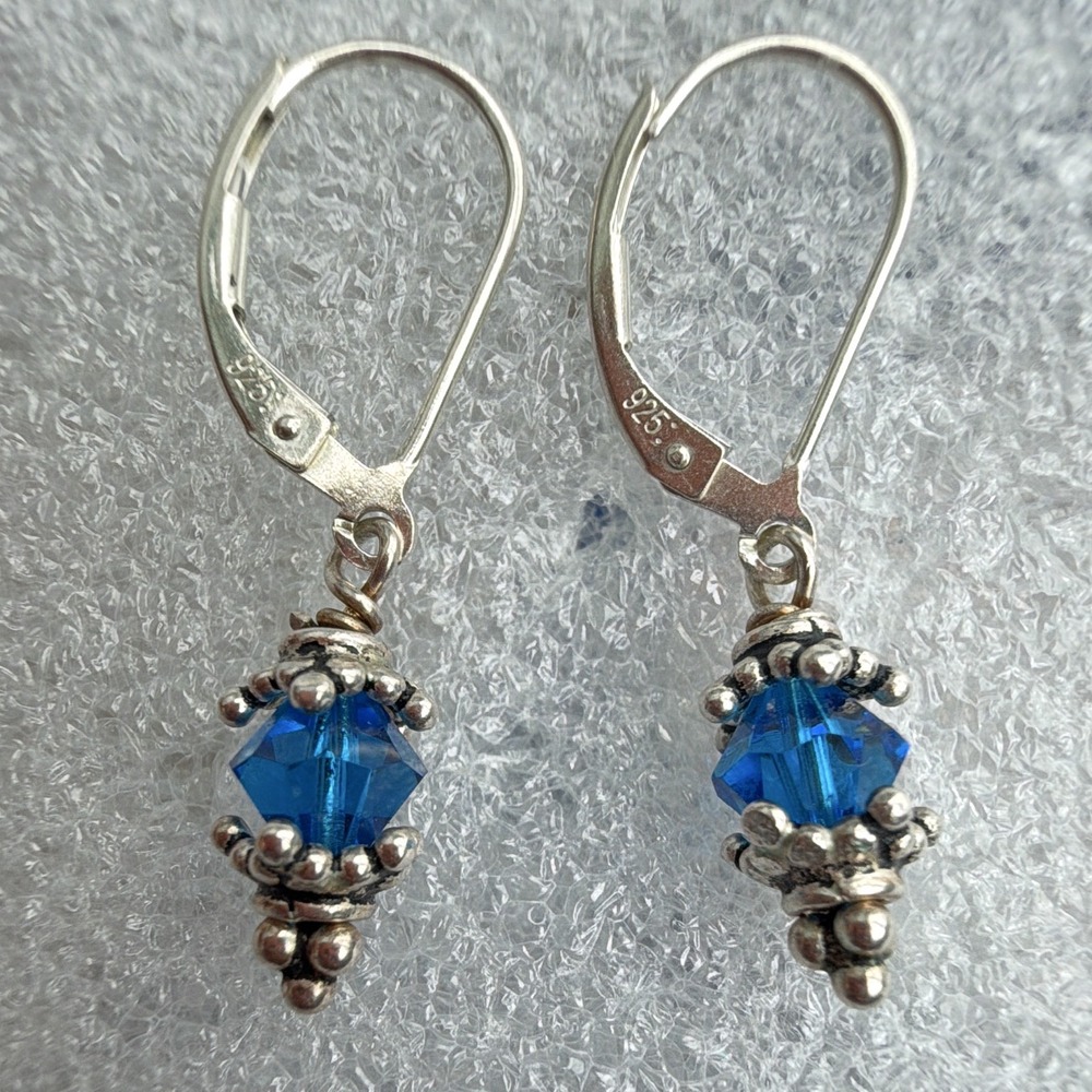 925 Sterling Silver Blue Bicone Crystal Leverback Dangle Earrings 1.2 in